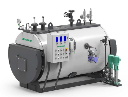 [888801575] Schuster 1500 kg/hr DE 12 HPO Steam Boiler. High Pressure Packaged Steam Boiler, three-pass reverse flame Fire tube. With HPO Tubes for oil and gas firing. Without Burner. Output 1500 kg/hr from & at 100°C. Suitable for firing on gas or oil fuels. 